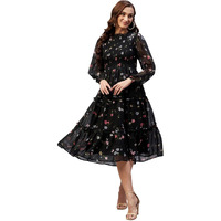 Rare Women Casual Black Colour Midi Fit And Flare Floral Dress, Small