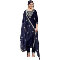 Sanisa Women's Velvet Embroidery Straight Kurta With Pant And Embroidery Dupatta (103Kbd1123Nz-L_Navy Blue)