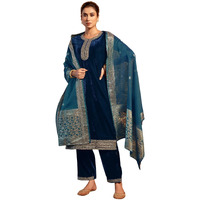 Sanisa Women's Velvet Sequins Embroidery Straight Kurta With Pant And Dupatta Set (215Kbd2275N-S_Rama Blue)