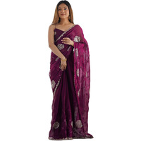 Satrani Women's Shimmer Chiffon Embroidery And Sequin Work Saree With Unstitched Blouse Piece (4136S153N_Wine)