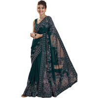 Satrani Women's Georgette Stone Work Saree With Unstitched Blouse Piece (4020S581N_Dark Green)