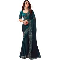 Satrani Women's Shimmer Chiffon Hot Fixing Border Saree With Unstitched Blouse Piece (3674S291N_Rama)
