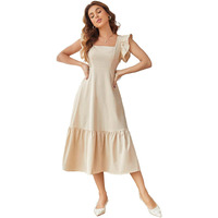 Shasmi Girl's & Women's Solid Beige Color Square Neck, Ruffle-Trimmed Hem Sleeveless, Ruffle Armhole And Casual Dress With Cinched Waist Vacation Outfits Woman (Dress 162 Beige-L)