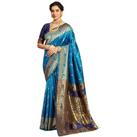 Satrani Women's Silk Paithani Jacquard Saree With Unstitched Blouse Piece (4047S6317N_Teal Blue & Navy Blue)