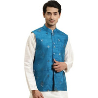 Sojana (Since 1958) Men's Silk Blend Peacock Blue Mirror Work Only Nehru Jacket