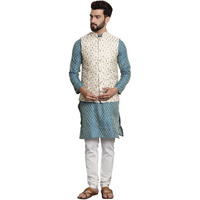 Sojanya (Since 1958 Men's Ethnic Motifs Blue Woven Design Silk Blend Kurta With Pyjamas & Cream Nehru Jacket Size-40