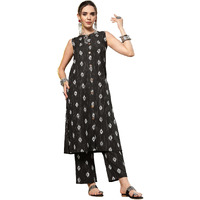 Stylum Women's Ikat Printed Cotton Blend Straight Kurta Pant Set (Kpblackronny42_Black, Xl)