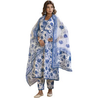 Tee Projekt Women's Cotton Blend Mandarin Anarkali Kurta Pant With Dupatta Set Off White