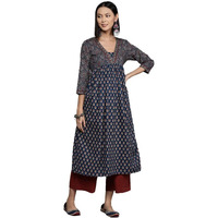 Varanga Womens Blue & Maroon Bandez Printed Anarkali Kurta  Elegant Long Sleeve Traditional Dress, Indian Ethnic Wear For Women, Casual & Festive Attire (Small)