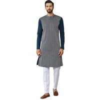 See Designs Men's Long Sleeve Mandarin Collar Side Slit Dark Blue Thread & Sequin Worked Pure Cotton Straight Kurta - Sdkt2535L