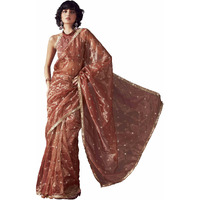 Womanista Women's Net Sequinned Saree (Ti6578_Rust)