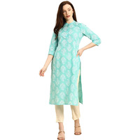 Rytras Women's Cotton Printed Straight Kurta(Turquoise,S)