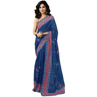 Satrani Women's Chanderi Cotton Printed Ready To Wear Saree With Unstitched Blouse Piece (42Rs383_Navy Blue)