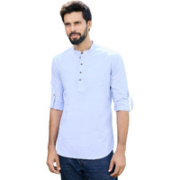 See Designs Men's Roll-Up Sleeve Mandarin Collar Blue Solid Cotton Short Kurta - Sdkt2954Xl