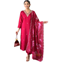 Shiv Textiles Women's Chanderi Silk Embroidered Kurta Pant Dupatta Set(Jda-Lilla-Red-S)
