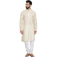 Sojanya (Since 1958 Men's Cotton Silk Sequinned Embroidered Cream Kurta With White Pyjama
