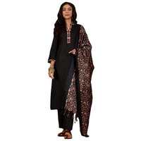 Varanga Women Mandarin Collar Embroidered Straight Kurta With Trouser & Floral Printed Dupatta