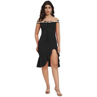 Addyvero Women Off Shoulder Ruffle Hem Sleeveless With Lace Detailing Bodycon Party Dress (Black, M)