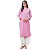 Gufrina Women's Viscose Rayon Lucknowi Embroidery Work 3/4 Sleeve V- Nack Straight Kurta With Chikankari Embroidery Palazzo Set For Women