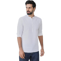 See Designs Men's Roll-Up Sleeve Mandarin Collar Off-White Deluxe Cotton Short Kurta - Sdkt2955S