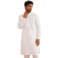 Sojanya (Since 1958 Men's Geometric Embroidered Thread Work Cotton Straight White Long Kurta