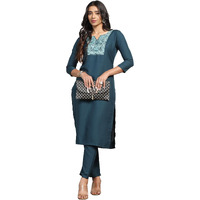 Tadkee Women Kurti And Pant Set With Embroidery Work (Fn-Kurti-Pant-Flower-Patch-114-Navy-L) Dark Blue