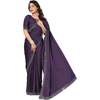 Yashika Women's Hot Fix Work And Solid Color Satin Moss Saree With Unstitched Blouse Material (Az-Ys-P1-New-Pintu Purple)