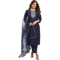 Sanisa Women's Cotton Blend Sequence And Embroidery Work Straight Kurta With Pant And Dupatta Set (182Kbd1942N-L_Navy Blue)