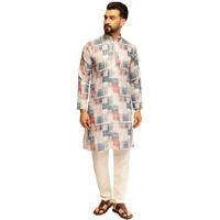 Sojanya (Since 1958 Men's Cotton Linen Geometric Print White & Multi Kurta With White Pyjama