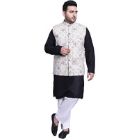 Sojanya (Since 1958 Men's Cotton Blend Black Kurta & Cream Printed Nehrujacket With White Pyjama