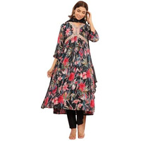 Varanga Women Black Floral Printed Embroidered V-Neck Alia Cut Kurta Paired With Tonal Dupatta