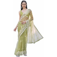 Womanista Women's Green Colored Embroidered Net Saree With Scalloped Border(Ti7001_Green_Onesize)