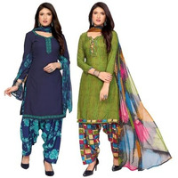 Yashika Women's Crepe Dress Material Set For Women | Unstitched Printed Fabric For Kurta Bottom & Dupatta (Ys-Riddhi Navy-Sobhna Mehendi)