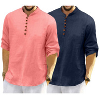 Royalscout Men's Cotton Polyester Blend Solid Regular Fit Full Sleeve Short Kurta | Ethnic, Lightweight Summer Kurta For Daily & Occasion Use Peach-Navy