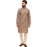 Sojanya (Since 1958 Men's Cotton Silk Gold Thread Floral Embroidered Kurta With White Pyjama
