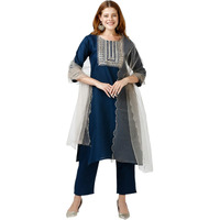 Gufrina Elegant Cotton Embroidered Women's Kurta Pant Dupatta Set | Round-Neck, 3/4 Sleeve Ethnic Wear (Blue L)