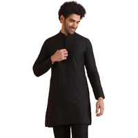 Kisah Men's Mid Kurta, Black Cotton Blend, Solid Regular Fit Mandarin Collar Long Sleeves (44)