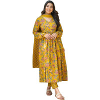 Nermosa Women Printed Anarkali Kurta And Pant Set With Dupatta (In, Alpha, 2Xl, Mustard Yellow)