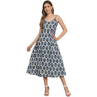 Peppyzone Women's Handblock Printed Sleeveless Shoulder Strip Cami Dress (Xs, Indigo)