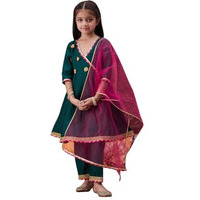 Pspeaches Girl's Silk Kurta Set (Ks-Greentafeta-3-4Y_Green