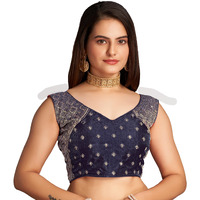 Pujia Mills Women's Sequin Embroidered V Neck Sleeveless Navy Blue Readymade Saree Blouse Indian Ethnic Stitched Padded Blouses For Women