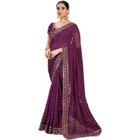 Satrani Women's Chiffon Sequin Embroidery Lace & Bandhani Printed Saree With Unstitched Blouse Piece (4114S653N_Dark Purple)
