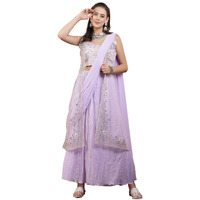 Stylum Women's Printed & Embroidered Georgette Draped Lehenga With Attached Dupatta & Blouse With Jacket (Lehlevndercocon40_Lavender, L)