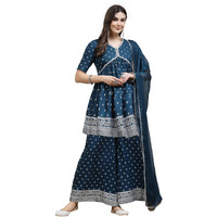 Stylum Women's Ethnic Motif Printed Rayon Naira Cut Kurta Palazzo Dupatta Set (Kpdtealsanjh44, Teal, Xxl)