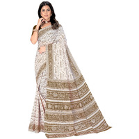 Tamaira Fashion Women's Warli Printed Pure Cotton Mulmul Saree Without Blouse Piece(2536_White&Brown)