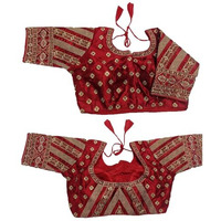 Pujia Mills Women's Indian Ethnic Wear Stitched Designer Golden Codding With Zari Embroidered Work Round Neck Half Sleeve Readymade Padded Saree Blouse Red Readymade Work Blouse