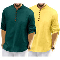 Royalscout Men's Cotton Polyester Blend Solid Regular Fit Full Sleeve Short Kurta | Ethnic, Lightweight Summer Kurta For Daily & Occasion Use Green-Yellow