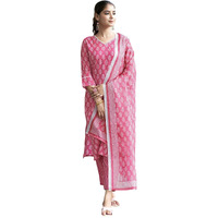 Sanisa Women's Cotton Printed Straight Kurta With Pant And Dupatta Set (190Kbd2024N-L_Pink & White)