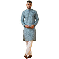 Sojanya (Since 1958 Men's Cotton Silk Kantha Thread Embroidered Blue Kurta With White Pyjama