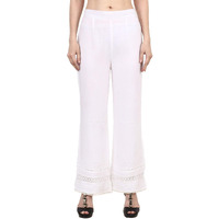 Popwingscasual Rayon White Flat Front Straight Leg Lace Work Palazzo For Women || Pull-On Palazzo For Women || Long-Length Summer Wear Women Palazzo